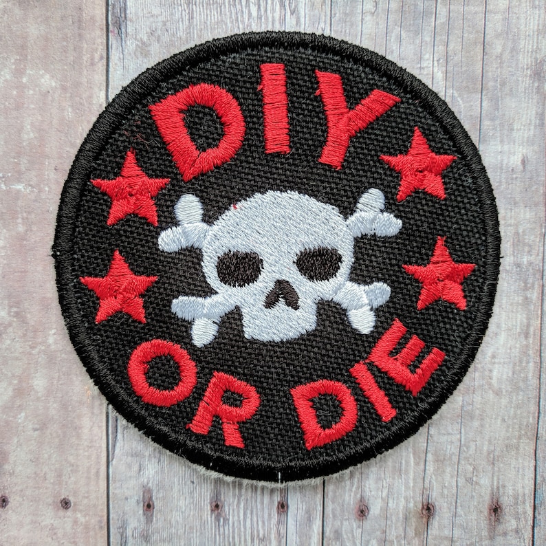 DIY or Die Patch Embroidered Black Canvas with White Skull and Red Text and Stars Choice of Finding Made in USA Crafty Merit Badge