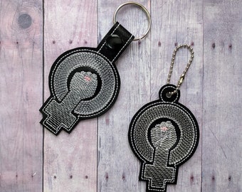 Female Symbol With Fist Key Chain, Embroidered Black Vinyl, Choice of Key Ring or Swivel Clip With Snap or Ball Chain, Feminist Key Fob