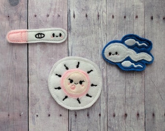 Reproductive Health Magnet or Pin Set, Sperm, Egg, and Pregnancy Test, Made From Embroidered Blue, Pink, Cream and White Acrylic Felt