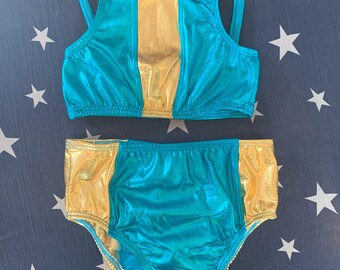 Sz 5, Turquoise foil, gold foil, bikinis, kids bathing suits, maryangelboutique, handcrafted, kids clothes,