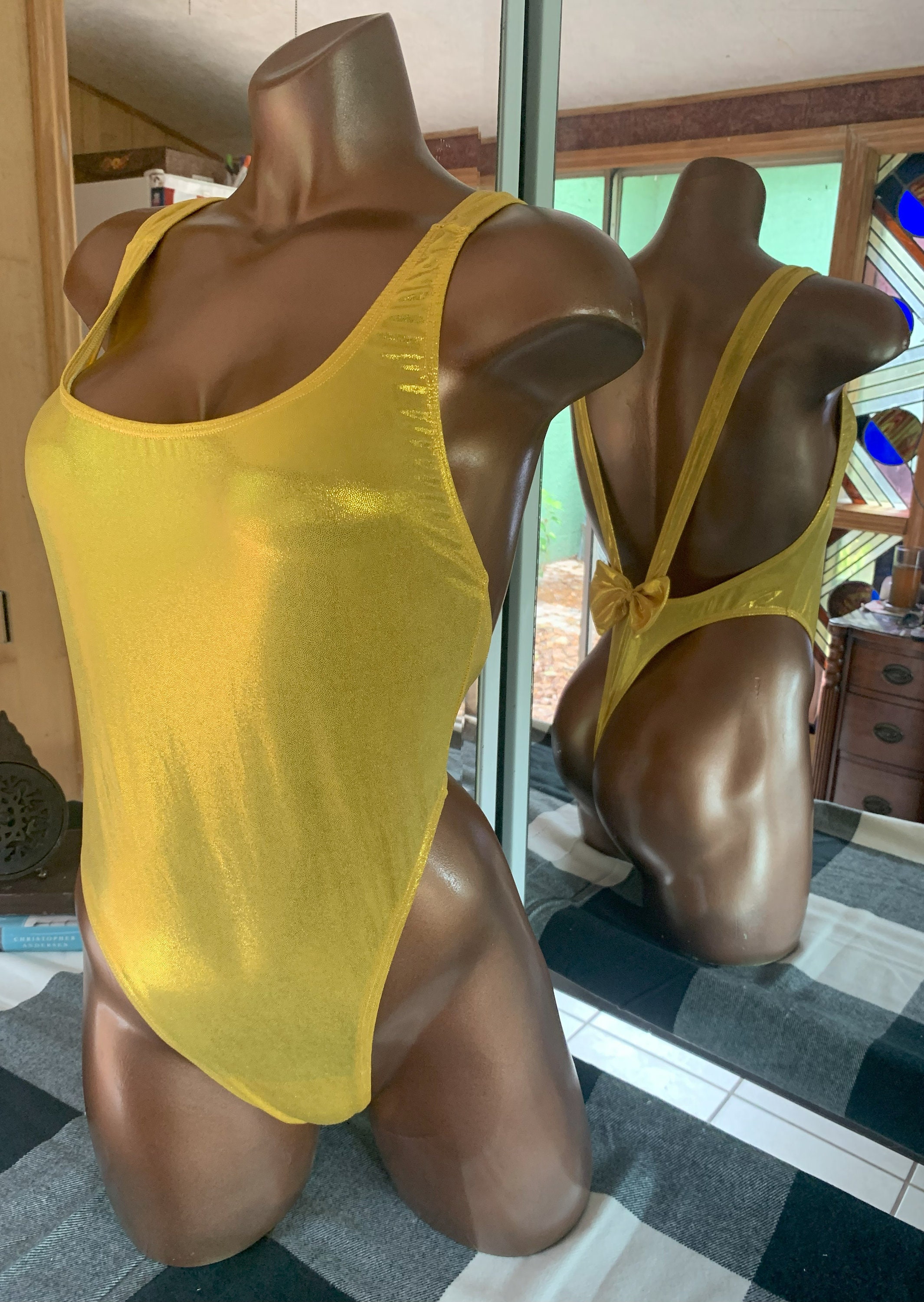 Women's Tight Glossy One Piece Swimsuit Opaque High Cut Thongs Bikini  Leotard Top Beachwear