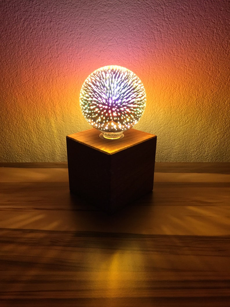 Edison Wood Table Lamp With Filament Or Firework Galaxy Light Image 0