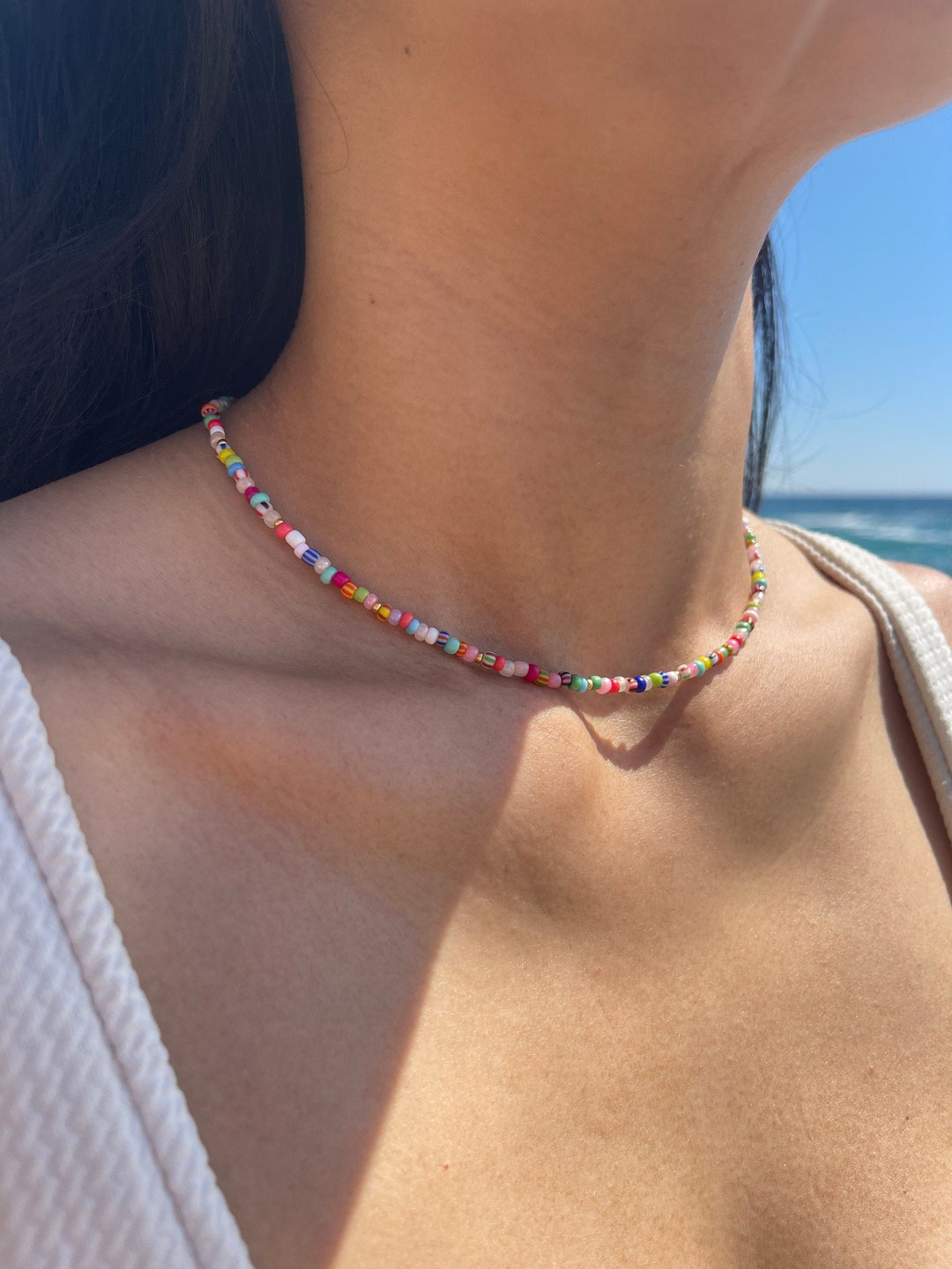 Aqua Glass Bead Beach Necklace, Summer Beach Choker, Braided Waxed Cord –  Sand Kissed Jewelry