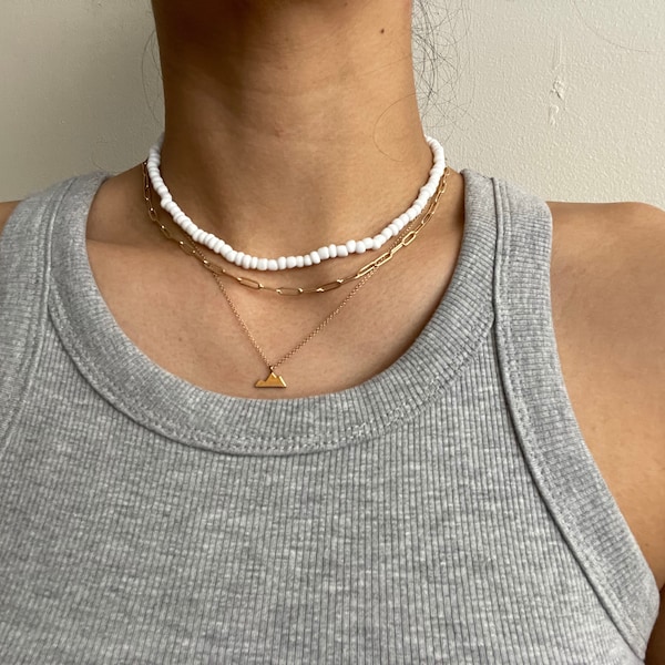 Long White Beaded Necklace Handmade from Clay & Beach Sand