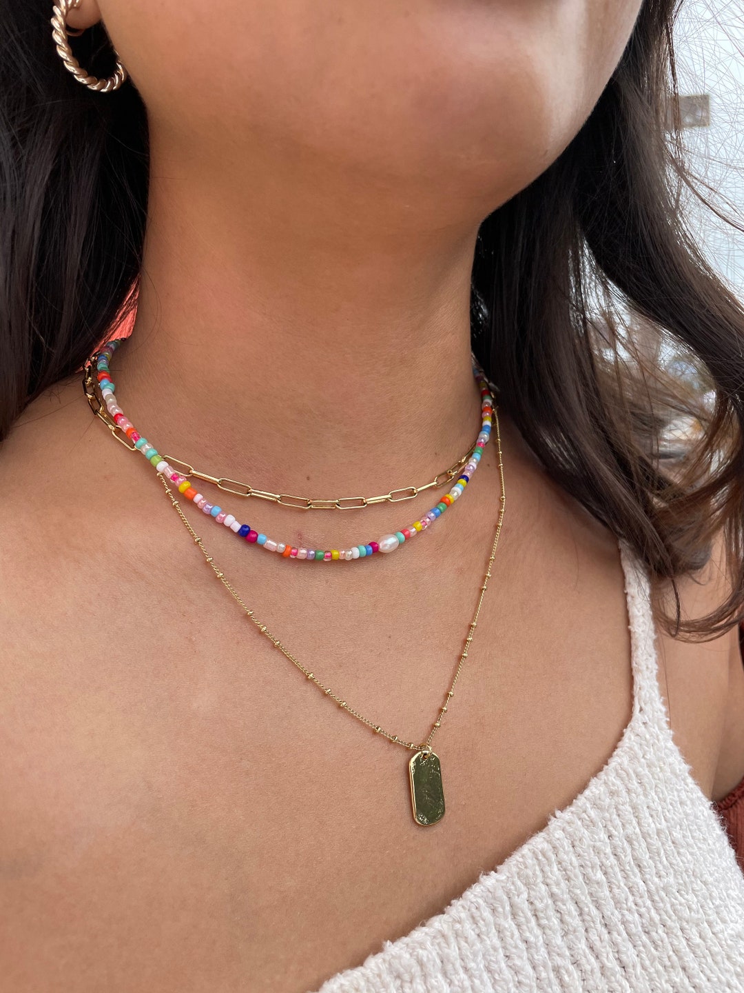 Rainbow Colorful Necklace, Summer Choker, Seed Bead Pearl