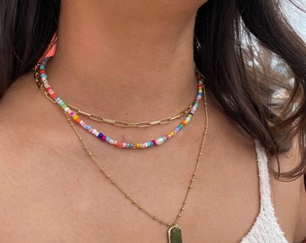 rainbow colorful necklace, summer choker, seed bead pearl necklace