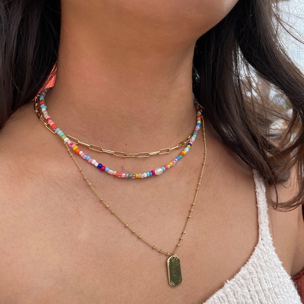 rainbow colorful necklace, summer choker, seed bead pearl necklace