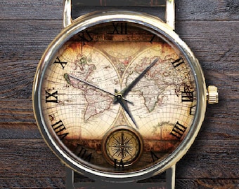 World Map watch, Casual Vintage wristwatch,Custom Engraved watchband,Old map,Classic Style,Ladies Watch,Men's Watch,Gift Ideas,Travel Gift