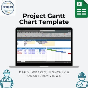 May include: A digital Project Gantt Chart Template displayed on a laptop screen, featuring a spreadsheet interface with task names, dates, and progress bars. The graphic includes the text Project Gantt Chart Template and Daily, Weekly, Monthly & Quarterly Views.