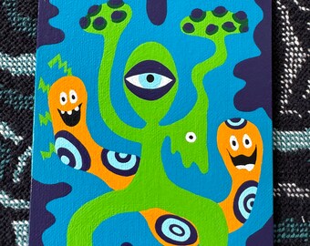Alien Meditation Art Painted to Blue Healer by Birdtalker with Wooden Easel / Unconditional Love Meditation Art