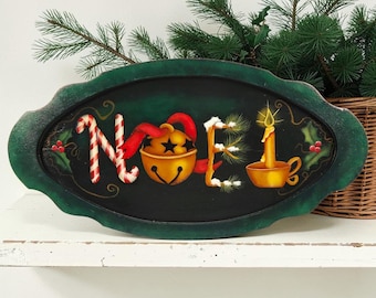 Vintage handbemaltes Weihnachts-Wanddeko-Tablett aus Holz mit Zuckerstangenmotiv und Glockenmotiv, 48 cm (19 Zoll)