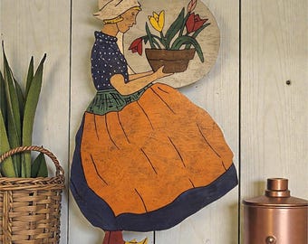 VTG 1930 Handbemalte Volkskunst Holz Ausschnitt Stehendes Holländisches Mädchen & Tulpen 19 ""