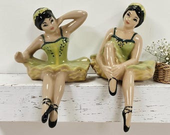 2 VTG Ceramic Arts Studio Ballerina Shelf Sitters En Pose & En Repose Green 4"