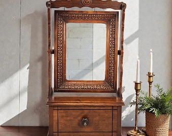 Antique Carved Wood Tilt  Vanity Dresser Top Shaving Mirror & Jewelry Drawer 16"