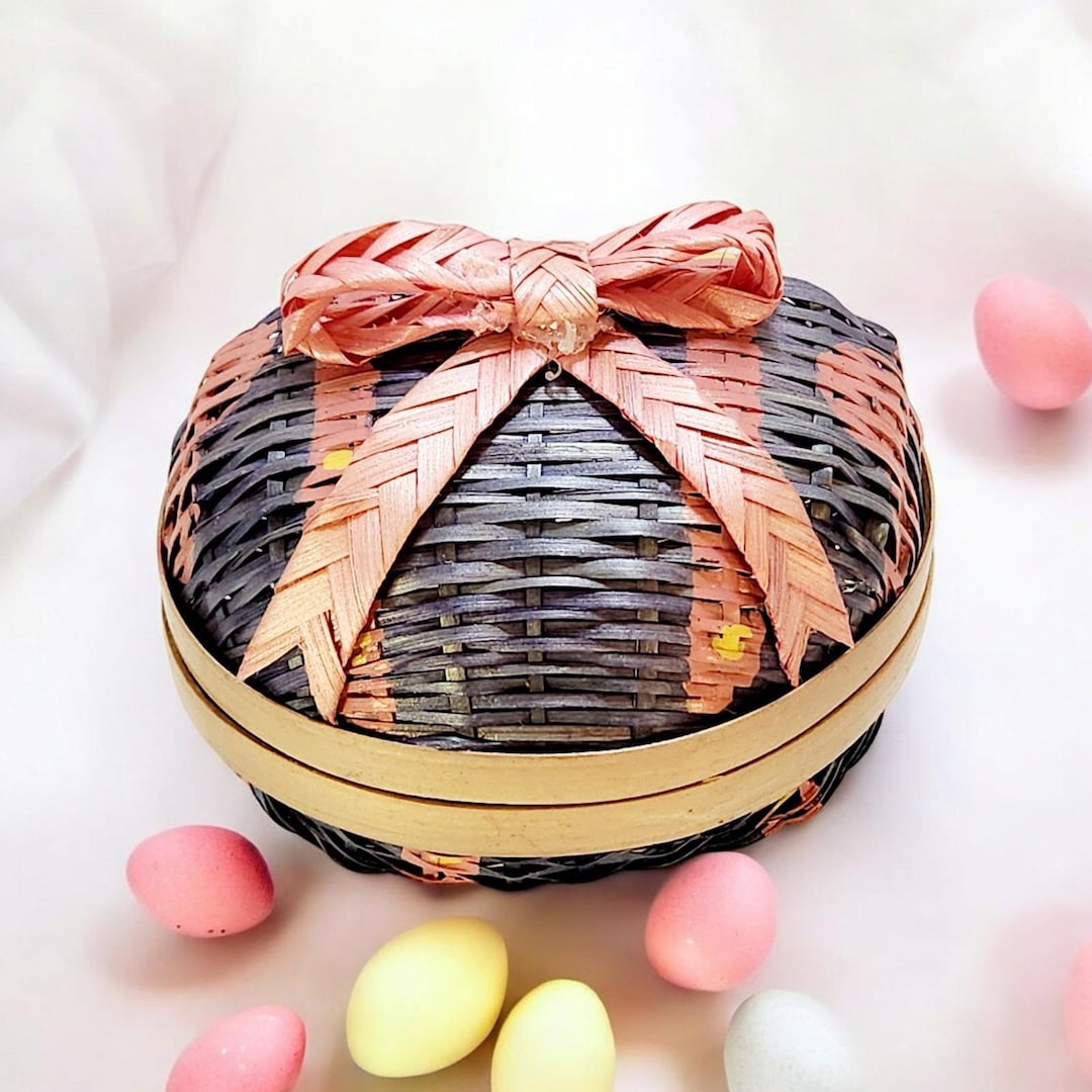 VTG Purple Pink Bow Woven Spring Wicker Egg Easter Gift Basket Hinged ...