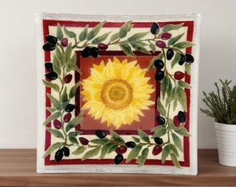 VTG Peggy Karr Fused Glass Tuscany Sunflower & Olive Vines Square Plate Platter