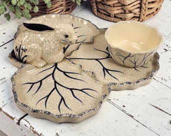"Dedham Pottery Bunny Cabbage Chip Dip-Schüssel Platter Gartenschuppen Blau & Weiß 36 cm