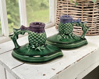 2 Portavelas de cerámica vintage Scotia / Broad Bay con forma de cardo, Escocia