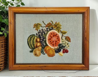 VTG Rustic Wood Framed Farmhouse Wool Needlepoint Fruit Blue Background 18.75"