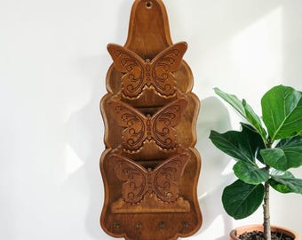 VTG 1970's Butterfly Wood Wall Boho Mail Letter Organizer Key Hook Holder 19.5"