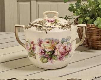 Antique Handpainted Pink Cabbage Rose Lidded Sugar Bowl Jar Dish Gold Accent 5"