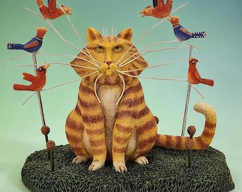 VTG Lang Taunting Theodore Chonk Orange Tabby Katze Vögel auf Crazy Whiskers Figur