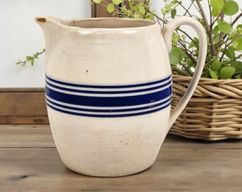 Antique Farmhouse Milk Pitcher Blue Striped Banding Crazed Stained Chippy 6.5"