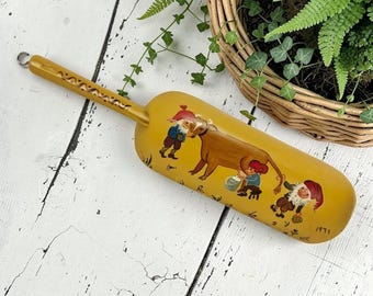 VTG Hand Painted Rosemaling Wood Scoop Dual Sided & Folk Art Gnomes Denmark 15"