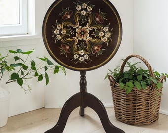 VTG Handbemaltes Holz Norwegische Volkskunst Rosemaling Tilt Top Akzenttisch 52cm