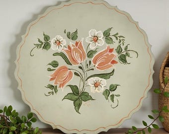 VTG Hand Painted Floral Wood Scalloped Round Wall Plaque Mint Green & Pink 10"