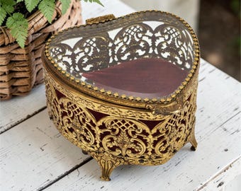 VTG Herzform Ormolu Beveled Glas verzierten Messing filigrane Schmuckschatulle Samt 12,5 cm