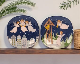 2 VTG Arabia Finland Christmas Angel Pink Blue Winter Hanging Plate Set 4.75"