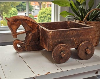 VTG Hand Carved Wood Horse & Wheeled Box Cart Rustic Farmhouse Folk Art 13"
