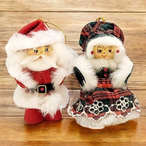 Adornos navideños de madera pintados a mano con caras de Papá Noel y la Sra. Claus de VTG, cosidos, de 4&quot;