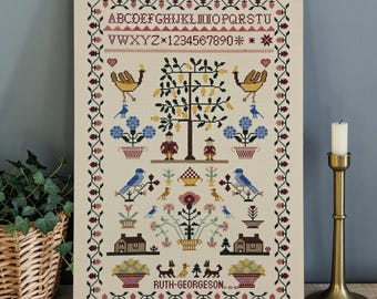 VTG Fertige Country Folk Art Kreuzstich Sampler Blaue Vögel Hund Zitronenbaum 52 cm
