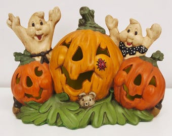 VTG Halloween Light Up Jack-O-Lantern Ghost Glenview Hand Painted Ceramic 14"