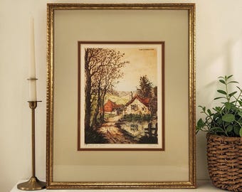 Französischer Bauernhof Cottage Landschaft 1937 Lucas Color Etching Ferme en Yura Pierre 15"