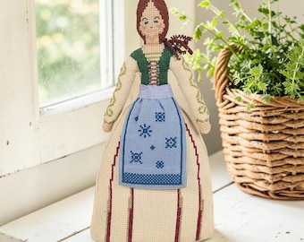VTG Kreuzstich stehen Puppe Schürze Haar Handgemacht Folk Kunst Handarbeiten 23 cm