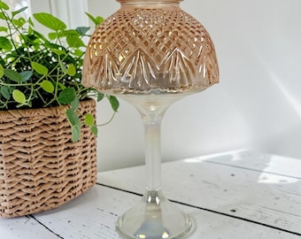 VTG LE Smith Holz Rose Pink irisierend Glas Ananas Fee Lampenlicht USA 23 cm