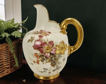 Antique Victorian Royal Worcester Blush Ivory Floral Flat Back Cream Pitcher 5”