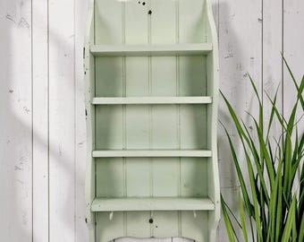 VTG Distressed Mint Green Painted Wood Beadboard Farmhouse Wall 4 Shelf 20.5"