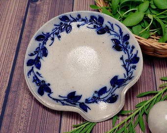 Vintage Salmon Falls Steingut-Löffelablage mit Blaubeerrankenmuster und Salzglasur, hergestellt 1998 in den USA, 15 cm (6 Zoll)