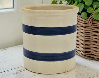 Primitive Folk Art Cobalt Blue Double Band Striped Stoneware Utensil Crock 5.25"