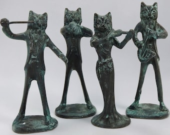 4 VTG Cast Metal Green Verdigris Patina Kitty Cat Jazz Band Figurines 5.5”