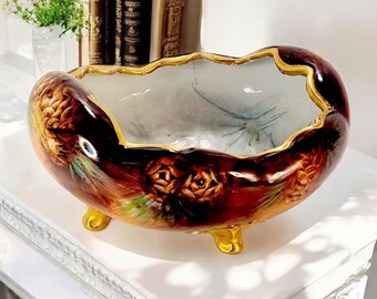 Antique 1906 Porcelain Hand Painted Pinecone Footed Oval Nut Bowl Gold Trim 7.5"
