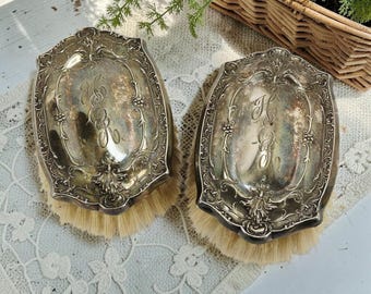 Set Of 2 Antique Silver Plated Monogrammed "HER" Boar Bristle Vanity Brushes 5"