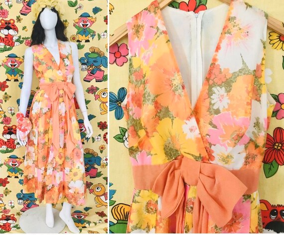 Vintage 1960s Floral Flower Power Maxi Dress With Front Bow. - Etsy