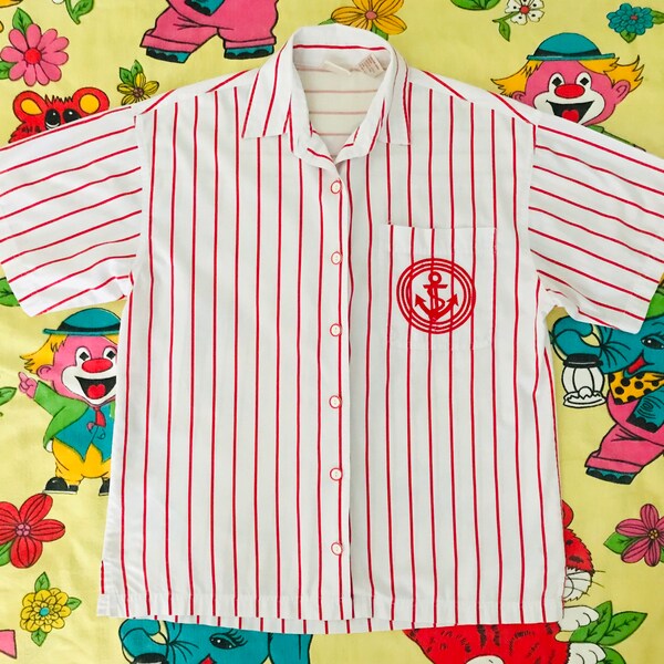 Vintage 1980’s white & red nautical sailor stripe shirt / button front blouse. Huntington Ridge Brand. Women’s L / mens M