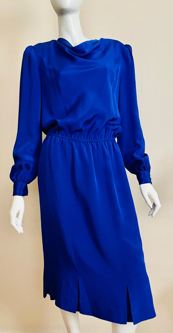 Vintage 1980’s heavy silk electric blue midi dres… - image 5