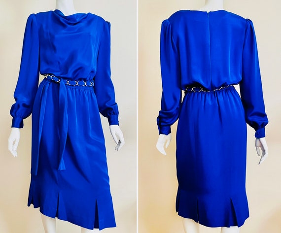 Vintage 1980’s heavy silk electric blue midi dres… - image 1